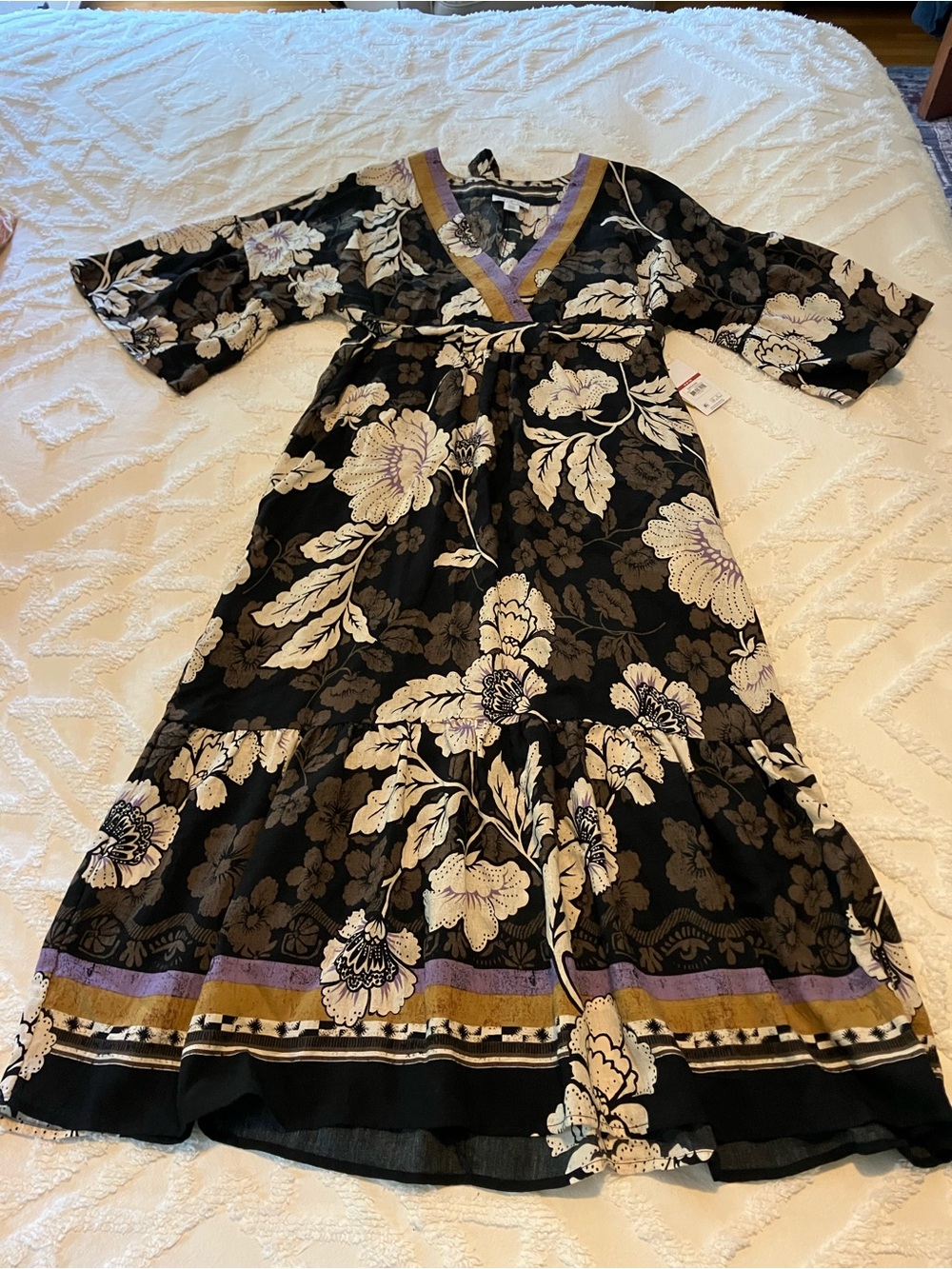 Black Floral Midi Dress with Cream Flowers and Purple Trim